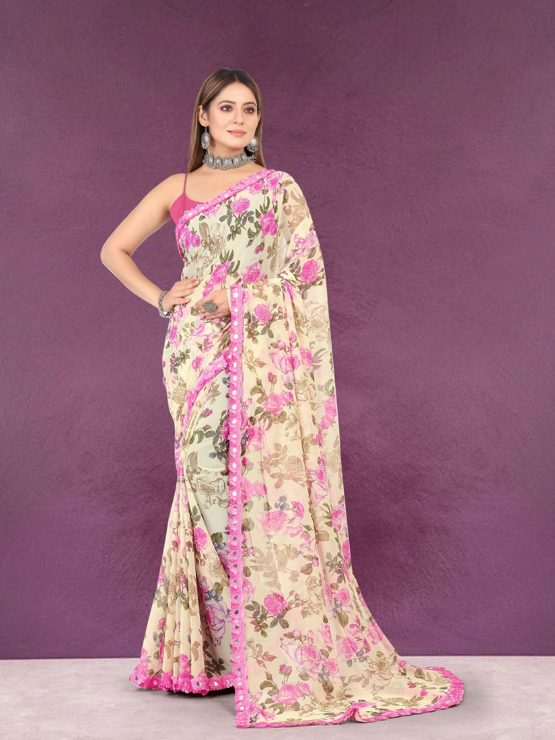 Elegant Beige Georgette Printed Saree with Mirror Less Work & Banglori Blouse