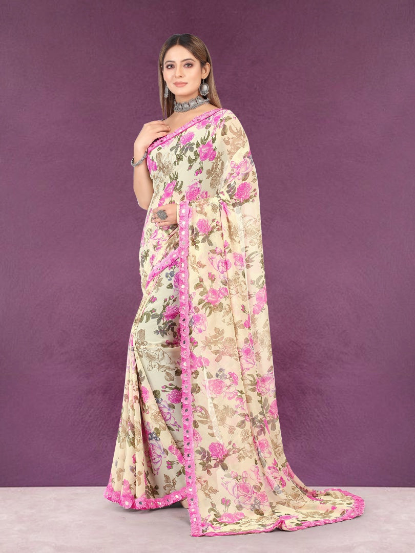 Elegant Beige Georgette Printed Saree with Mirror Less Work & Banglori Blouse