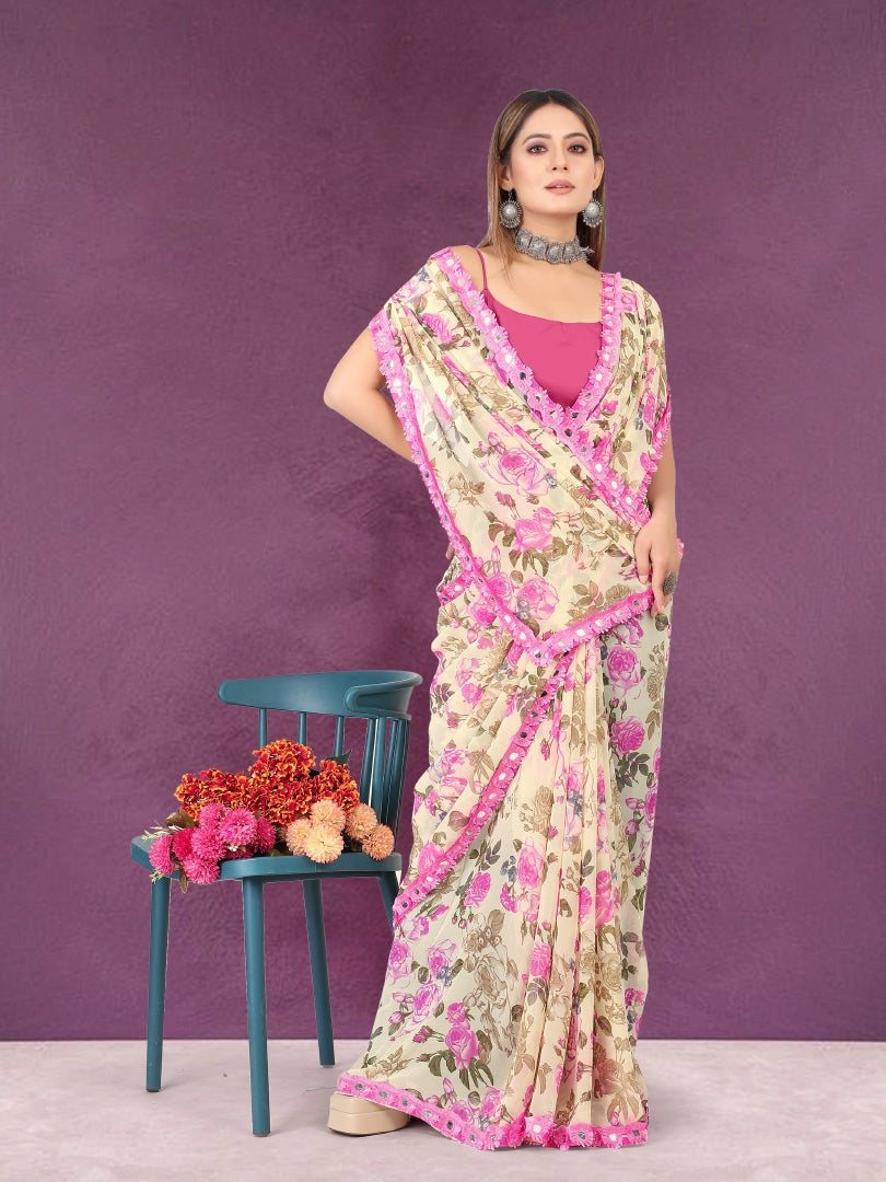 Elegant Beige Georgette Printed Saree with Mirror Less Work & Banglori Blouse