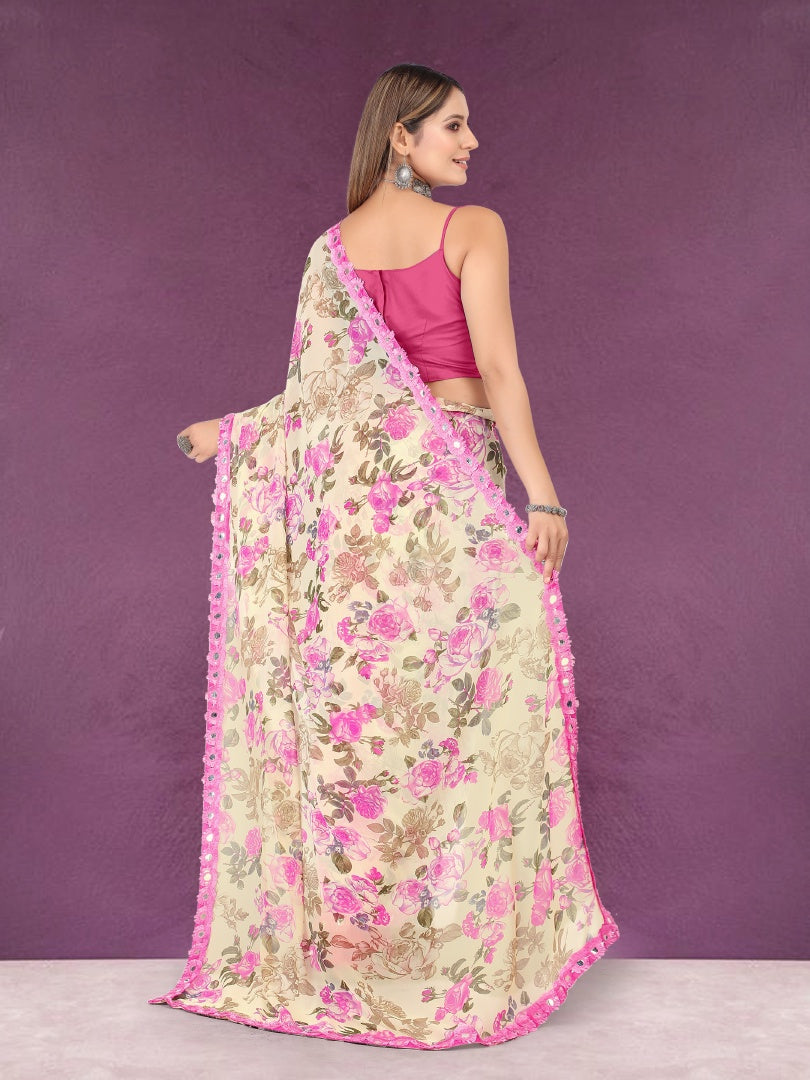 Elegant Beige Georgette Printed Saree with Mirror Less Work & Banglori Blouse