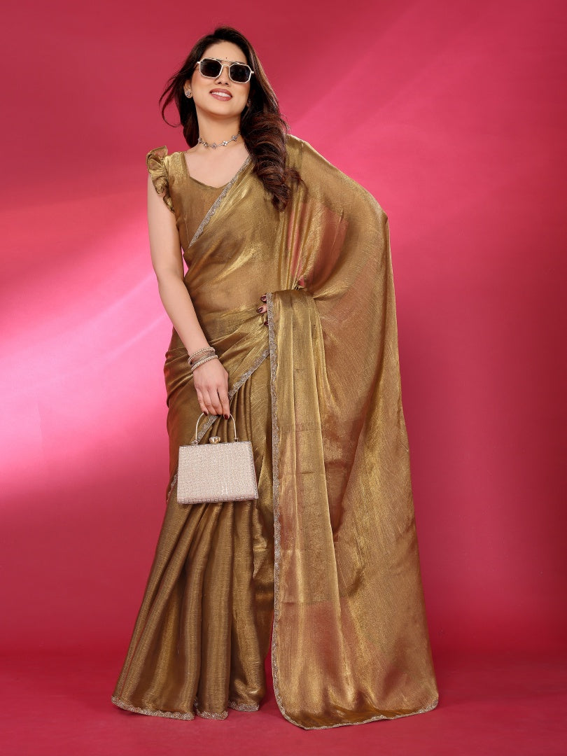 Gold Plain Jimmy Chu Saree with Work Lace for Women & Blouse