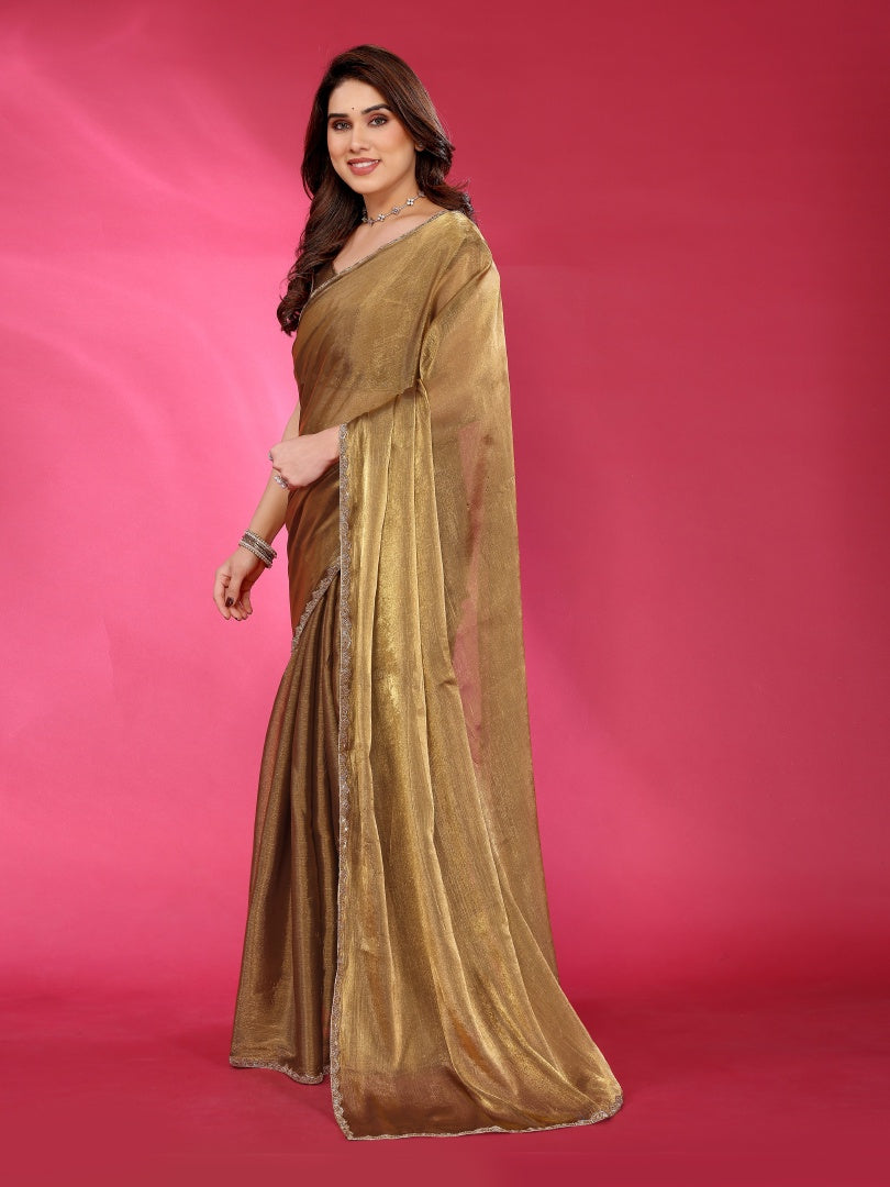 Gold Plain Jimmy Chu Saree with Work Lace for Women & Blouse