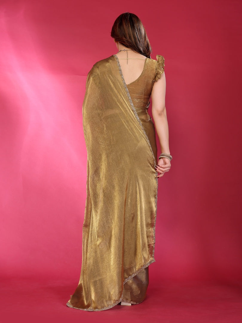 Gold Plain Jimmy Chu Saree with Work Lace for Women & Blouse