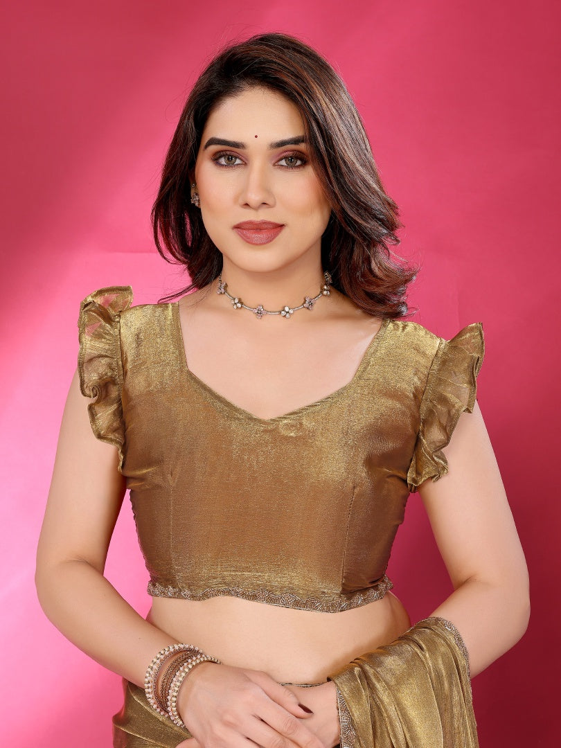 Gold Plain Jimmy Chu Saree with Work Lace for Women & Blouse