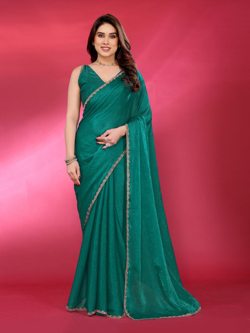 Green Plain Jimmy Chu Saree with Work Lace for Women & Blouse