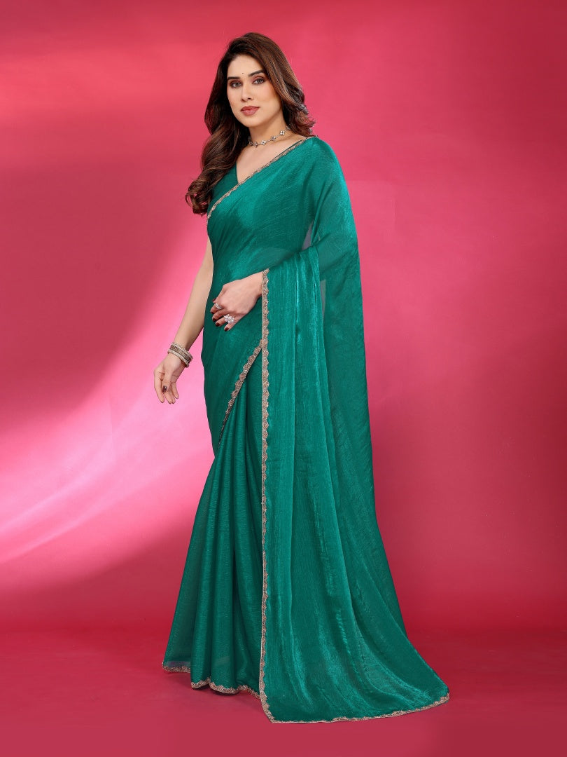 Green Plain Jimmy Chu Saree with Work Lace for Women & Blouse