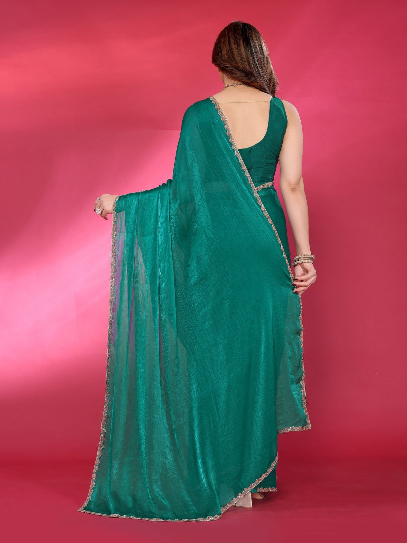 Green Plain Jimmy Chu Saree with Work Lace for Women & Blouse