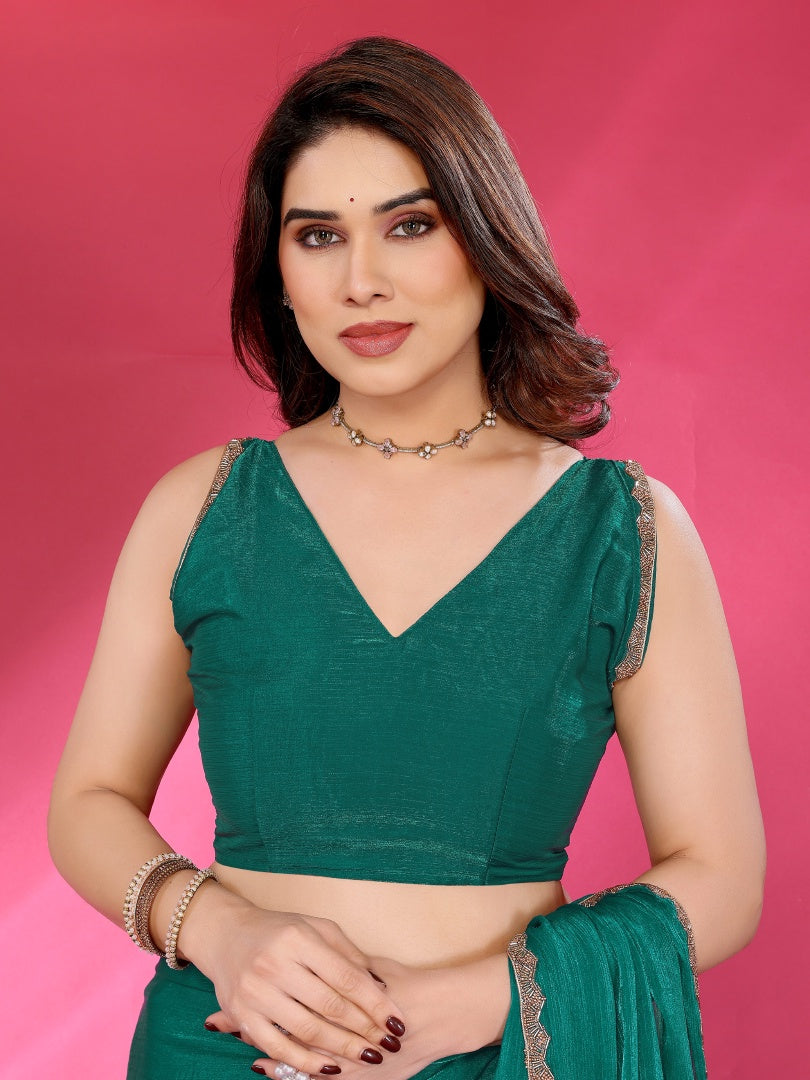 Green Plain Jimmy Chu Saree with Work Lace for Women & Blouse
