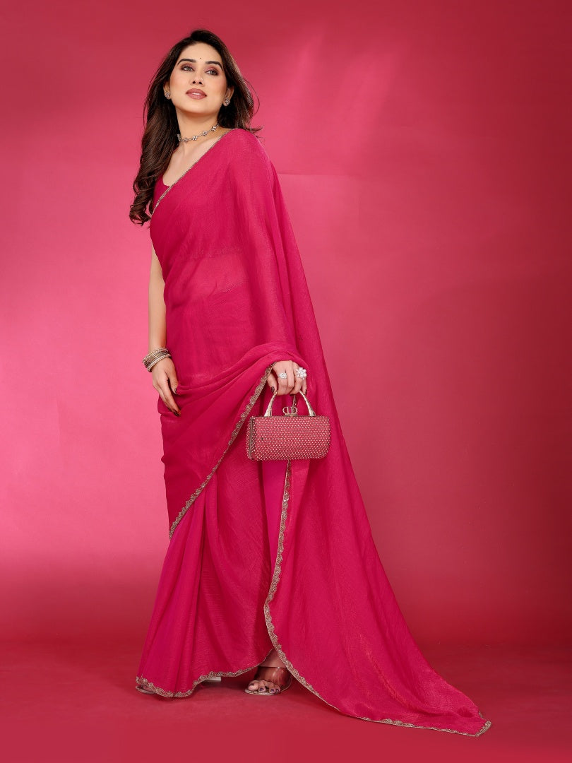 Pink Plain Jimmy Chu Saree with Work Lace for Women & Blouse