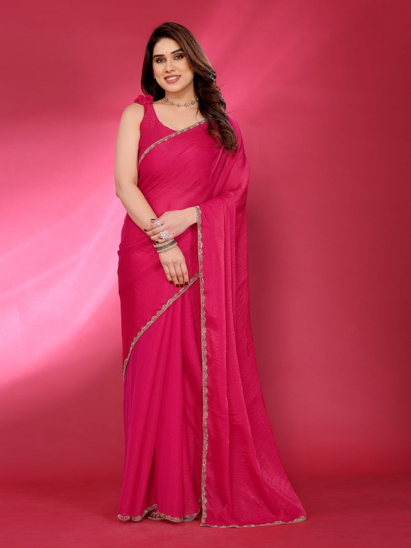 Pink Plain Jimmy Chu Saree with Work Lace for Women & Blouse