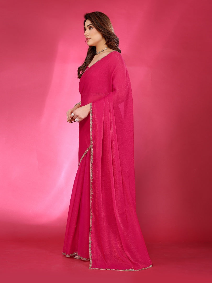 Pink Plain Jimmy Chu Saree with Work Lace for Women & Blouse