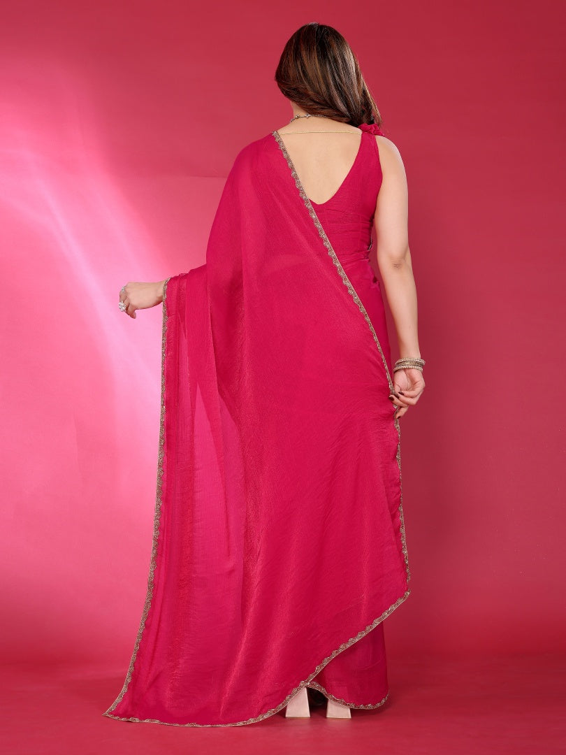 Pink Plain Jimmy Chu Saree with Work Lace for Women & Blouse