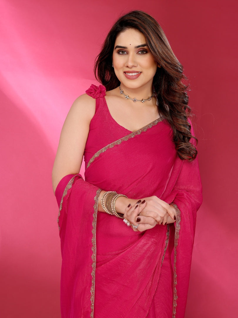 Pink Plain Jimmy Chu Saree with Work Lace for Women & Blouse