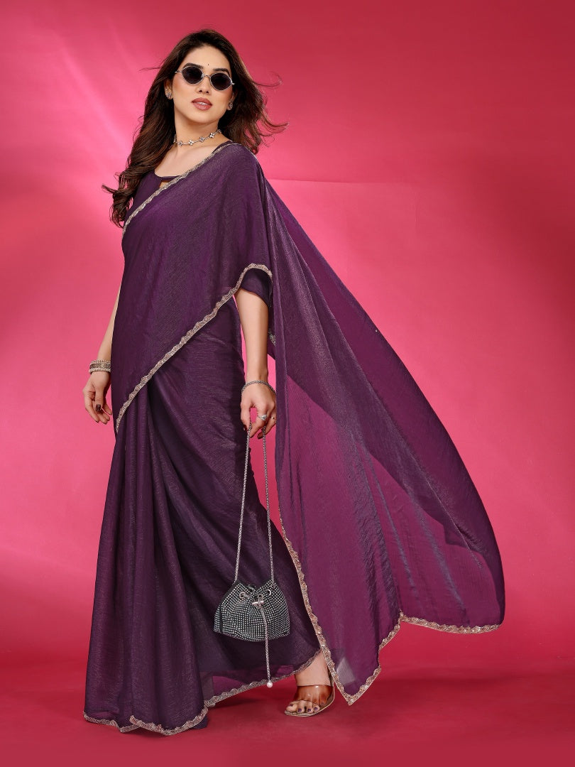 Wine Plain Jimmy Chu Saree with Work Lace for Women & Blouse