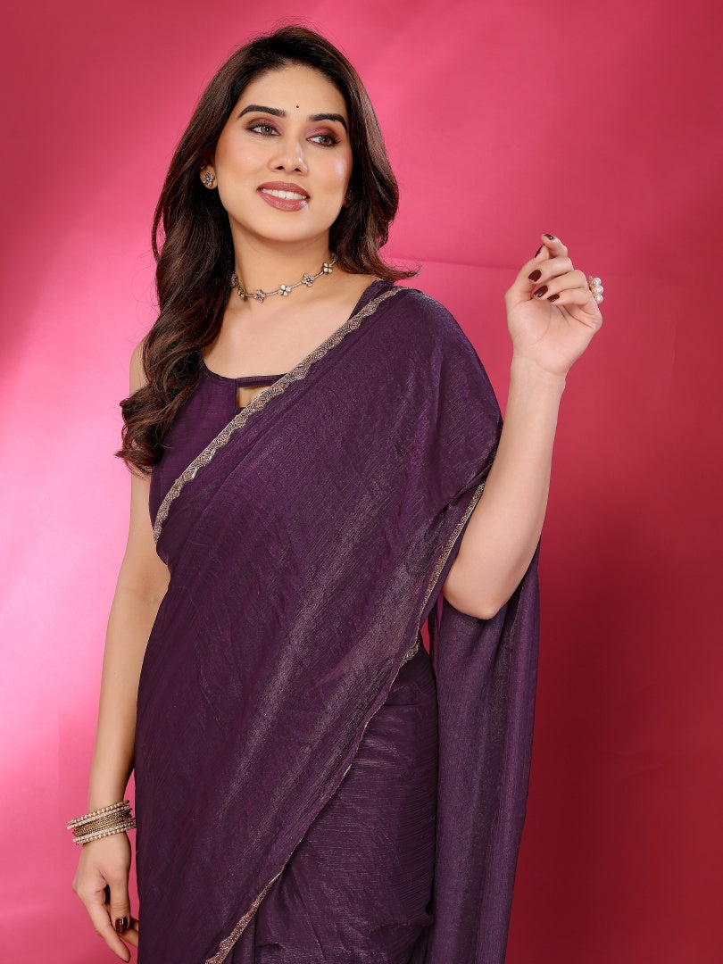 Wine Plain Jimmy Chu Saree with Work Lace for Women & Blouse