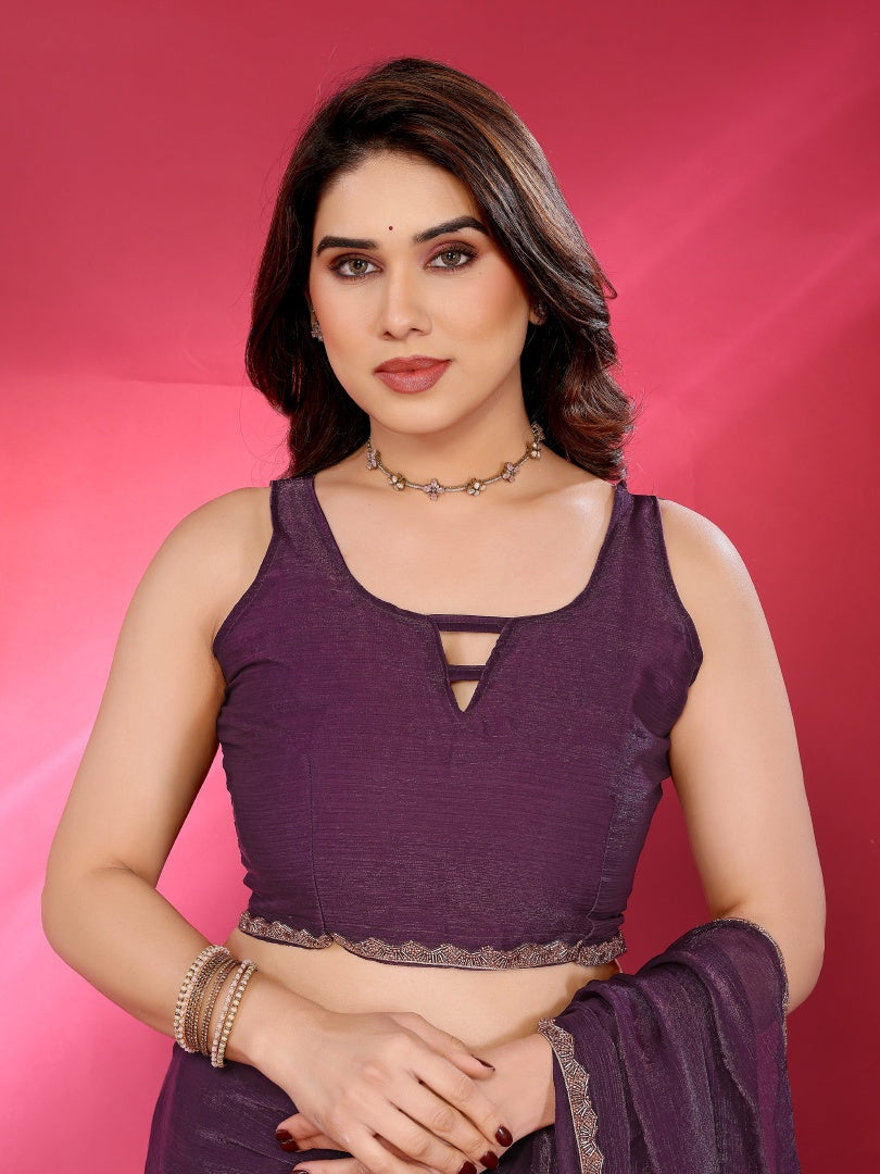 Wine Plain Jimmy Chu Saree with Work Lace for Women & Blouse