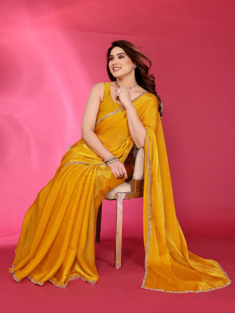 Yellow Plain Jimmy Chu Saree with Work Lace for Women & Blouse