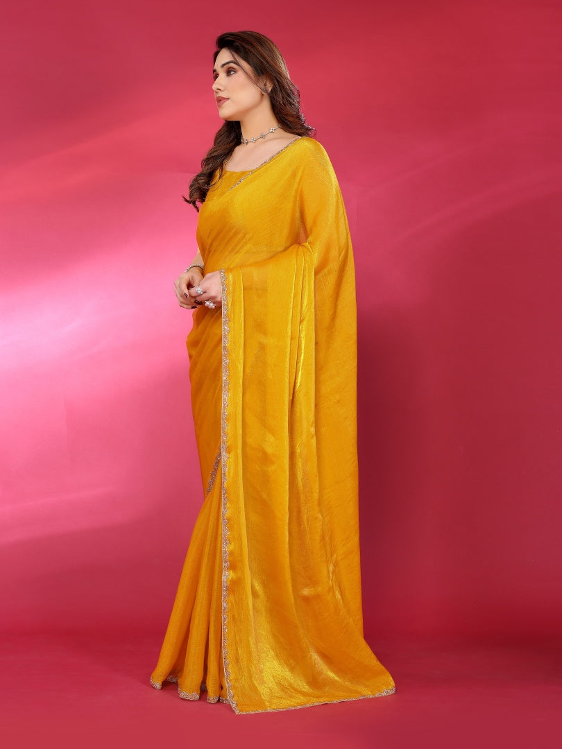 Yellow Plain Jimmy Chu Saree with Work Lace for Women & Blouse
