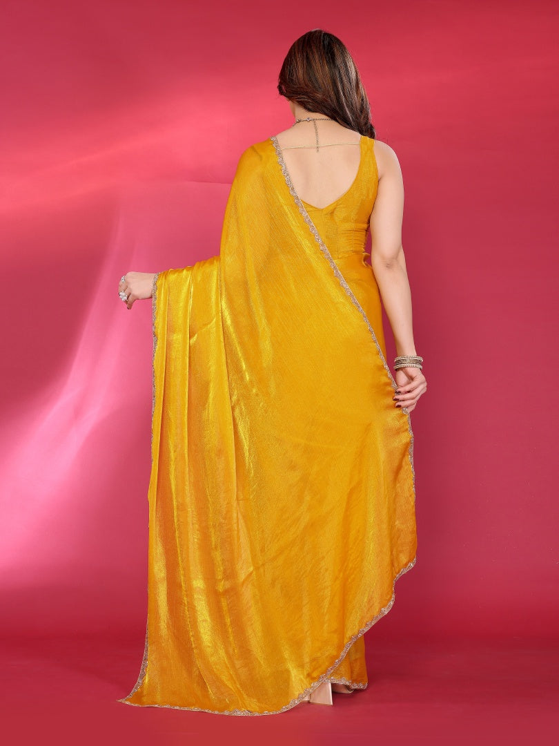 Yellow Plain Jimmy Chu Saree with Work Lace for Women & Blouse