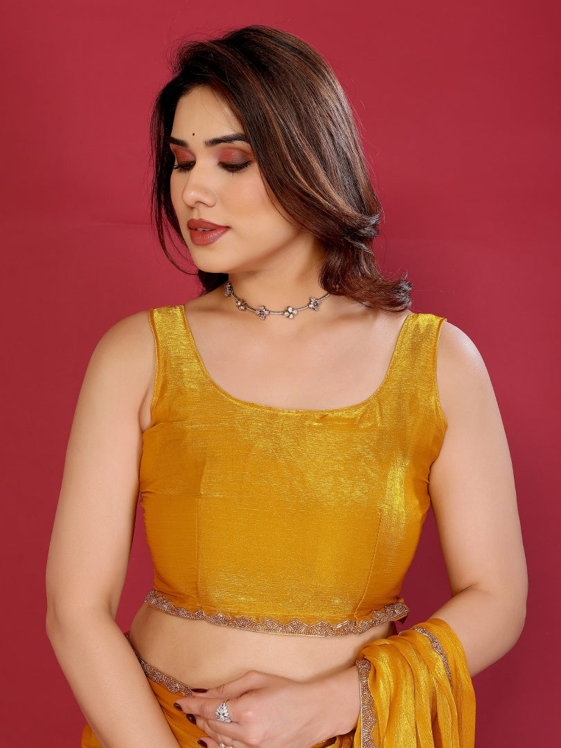 Yellow Plain Jimmy Chu Saree with Work Lace for Women & Blouse