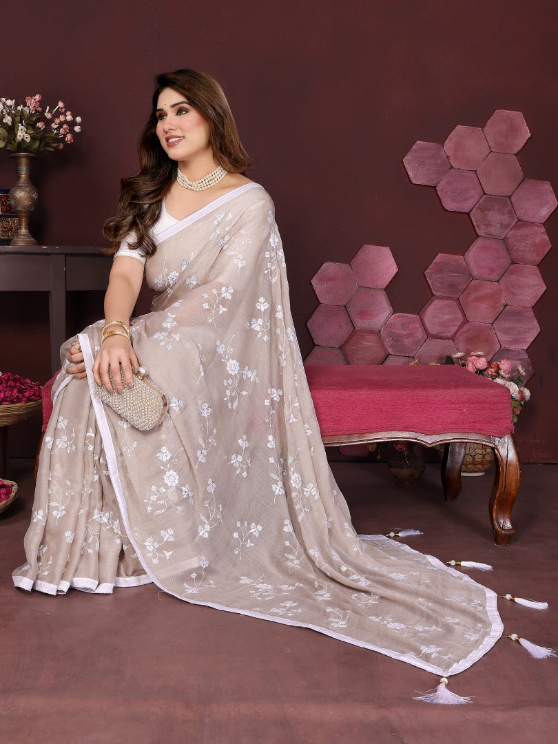 Elegant Chiku Moss Chiffon Embroidery Work Saree with Embroidered Blouse