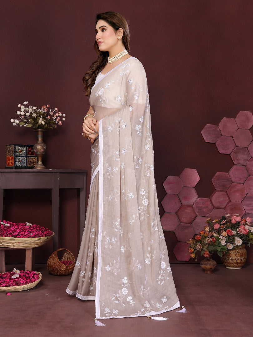 Elegant Chiku Moss Chiffon Embroidery Work Saree with Embroidered Blouse