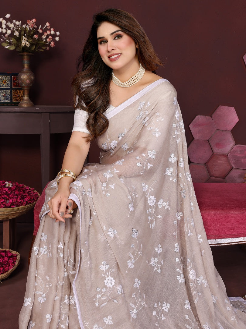 Elegant Chiku Moss Chiffon Embroidery Work Saree with Embroidered Blouse