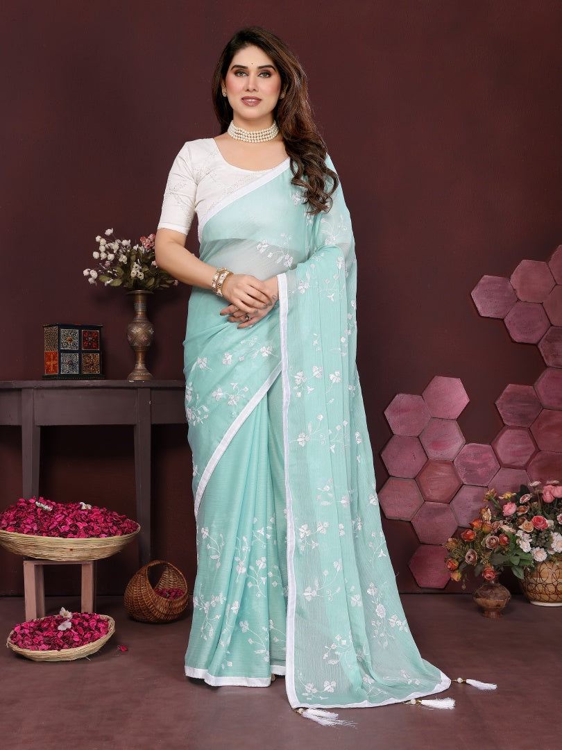 Light Firozi Moss Chiffon Embroidered Saree with Matching Embroidery Blouse