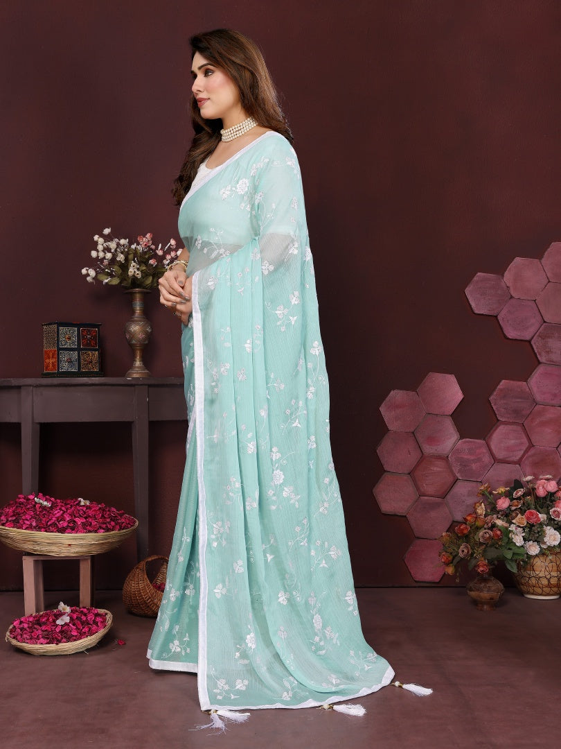 Light Firozi Moss Chiffon Embroidered Saree with Matching Embroidery Blouse