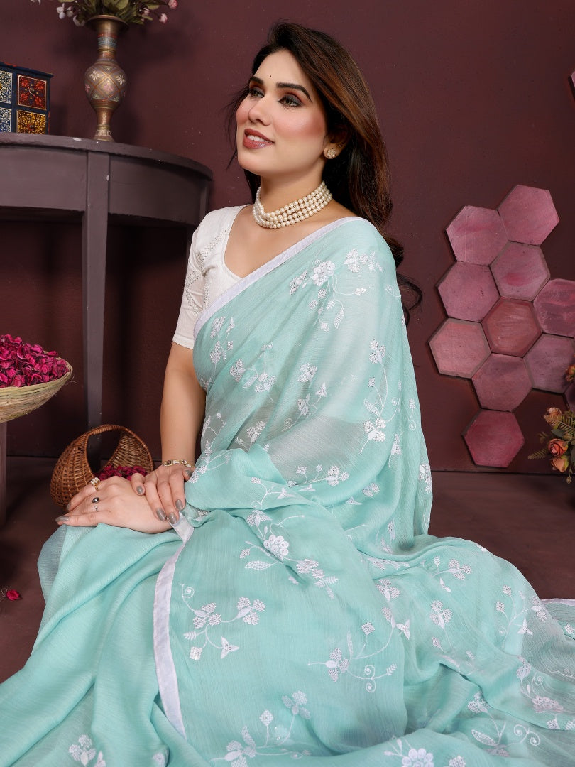 Light Firozi Moss Chiffon Embroidered Saree with Matching Embroidery Blouse