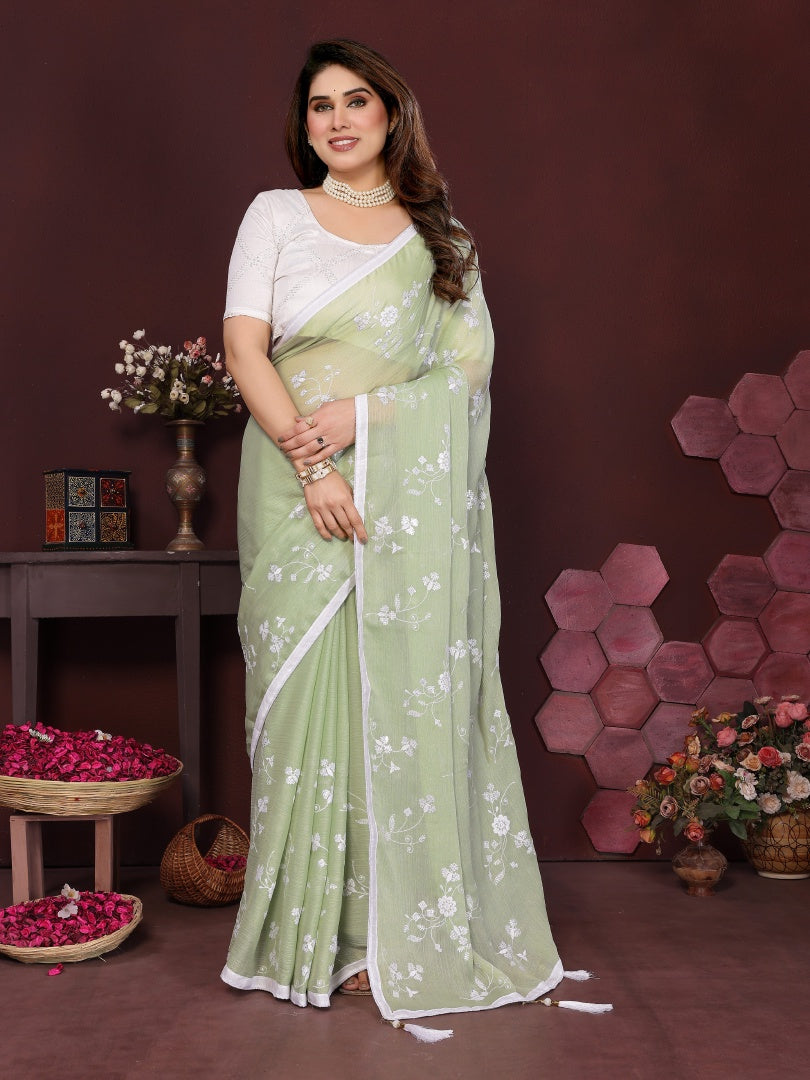 Pista Moss Chiffon Embroidery Work Saree with Matching Embroidered Blouse