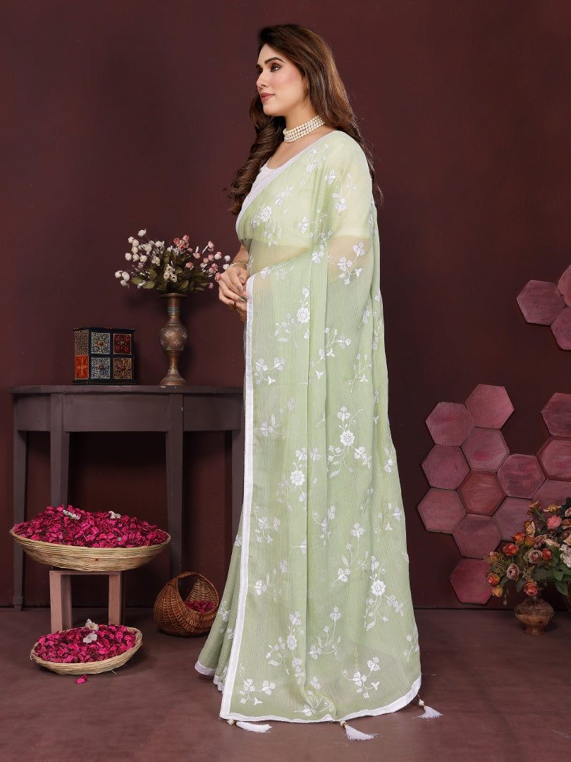 Pista Moss Chiffon Embroidery Work Saree with Matching Embroidered Blouse