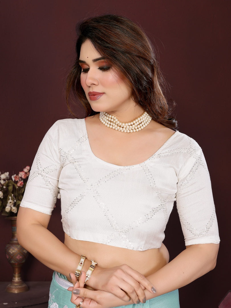 Pista Moss Chiffon Embroidery Work Saree with Matching Embroidered Blouse