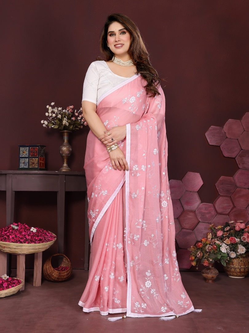 Rose Moss Chiffon Embroidery Saree with Beautiful Embroidered Blouse