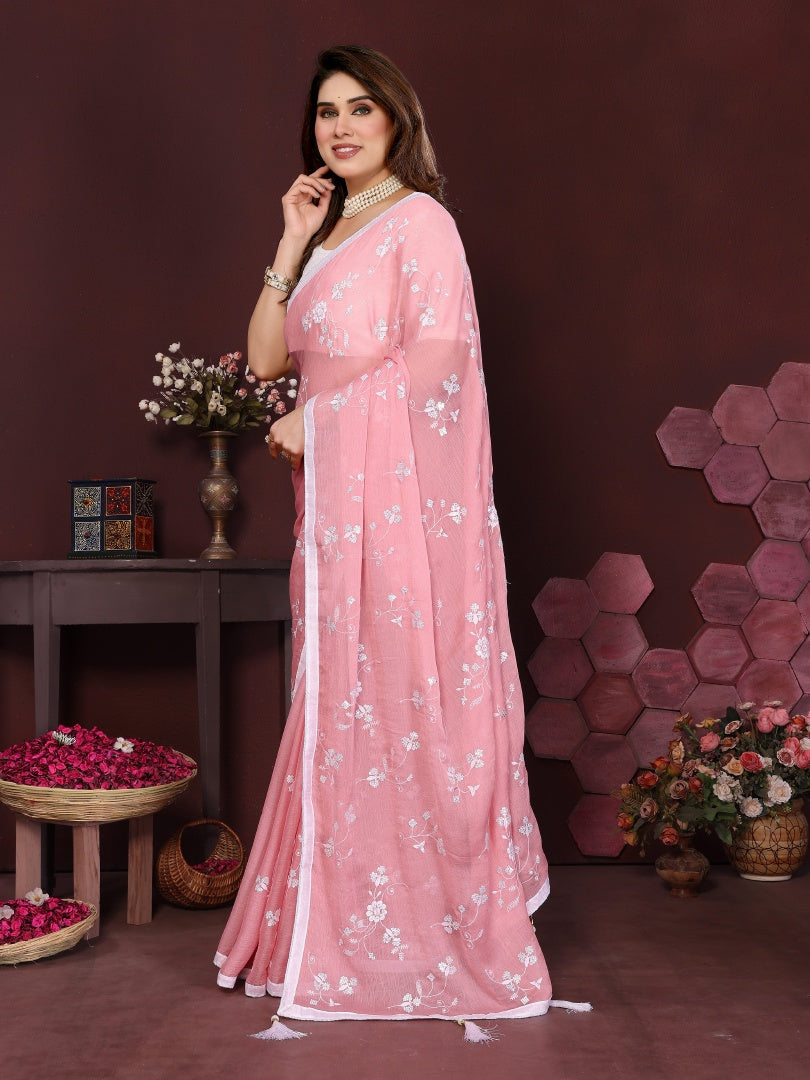 Rose Moss Chiffon Embroidery Saree with Beautiful Embroidered Blouse