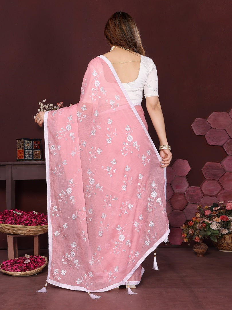 Rose Moss Chiffon Embroidery Saree with Beautiful Embroidered Blouse