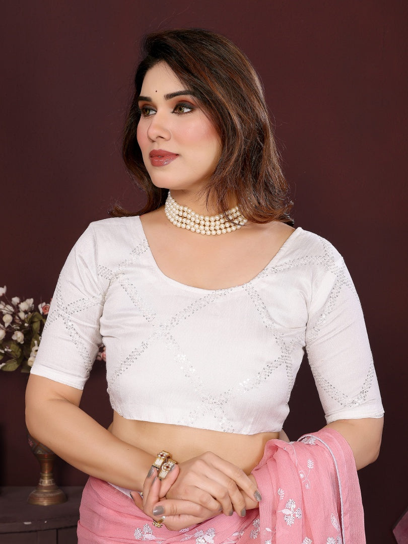 Rose Moss Chiffon Embroidery Saree with Beautiful Embroidered Blouse