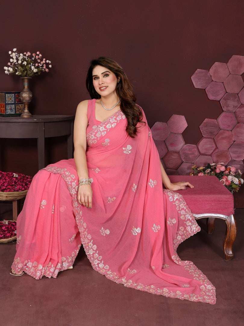 Elegant Gajari Georgette Embroidery Work Saree with Matching Embroidered Blouse