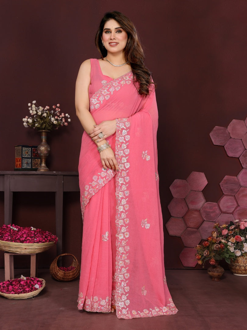Elegant Gajari Georgette Embroidery Work Saree with Matching Embroidered Blouse