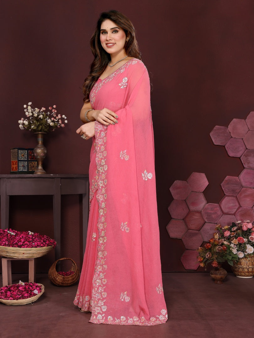 Elegant Gajari Georgette Embroidery Work Saree with Matching Embroidered Blouse