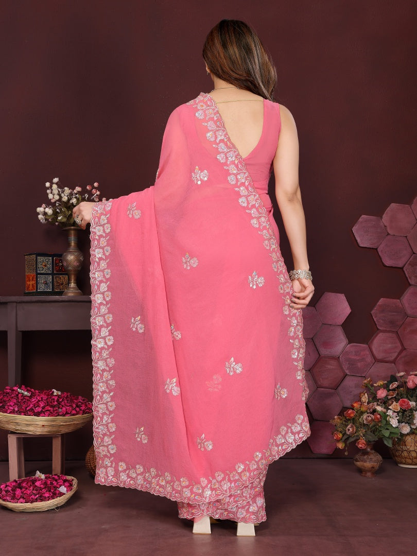 Elegant Gajari Georgette Embroidery Work Saree with Matching Embroidered Blouse