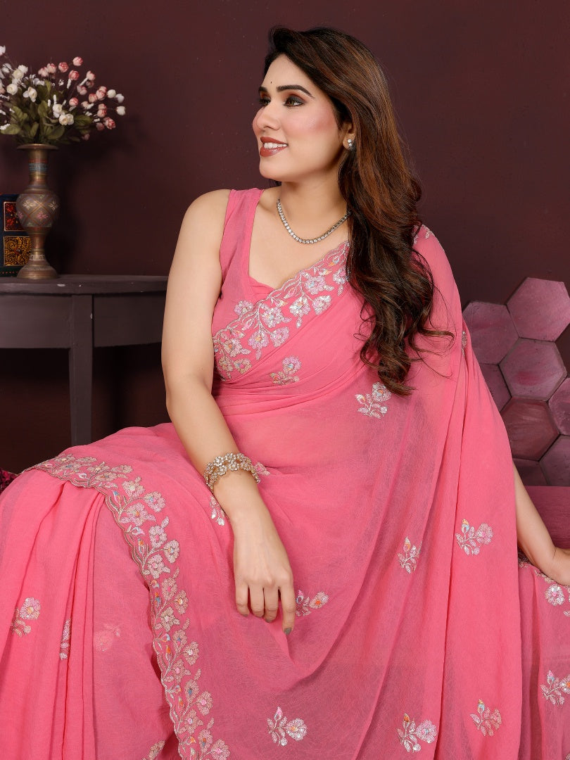 Elegant Gajari Georgette Embroidery Work Saree with Matching Embroidered Blouse