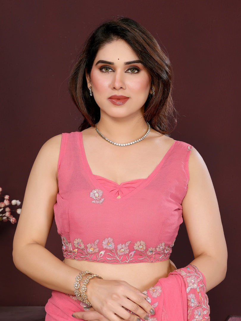 Elegant Gajari Georgette Embroidery Work Saree with Matching Embroidered Blouse