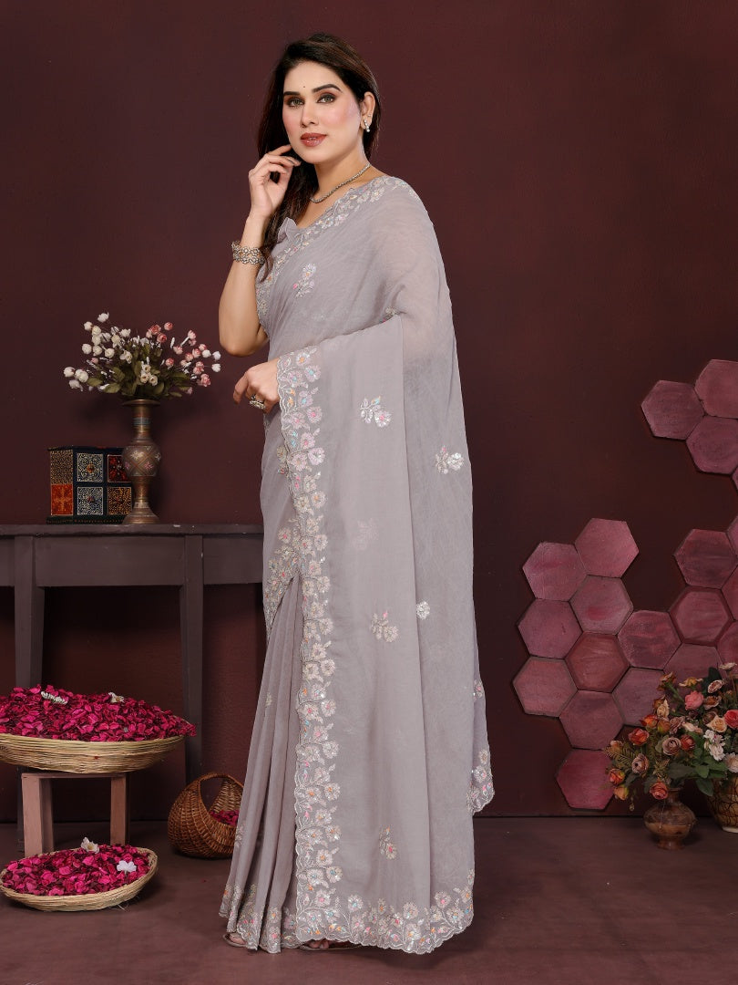 Stylish Grey Georgette Saree with Beautiful Embroidery Work & Matching Embroidered Blouse