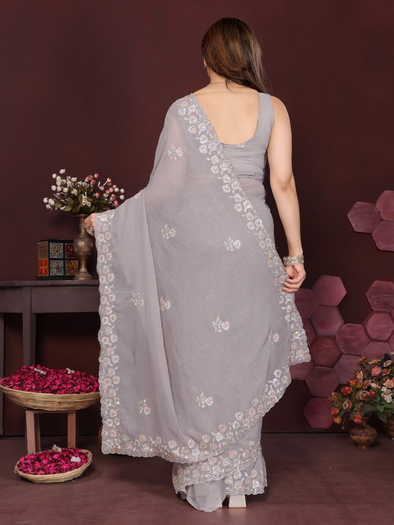 Stylish Grey Georgette Saree with Beautiful Embroidery Work & Matching Embroidered Blouse