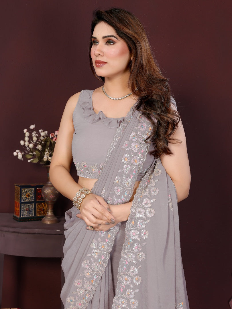 Stylish Grey Georgette Saree with Beautiful Embroidery Work & Matching Embroidered Blouse