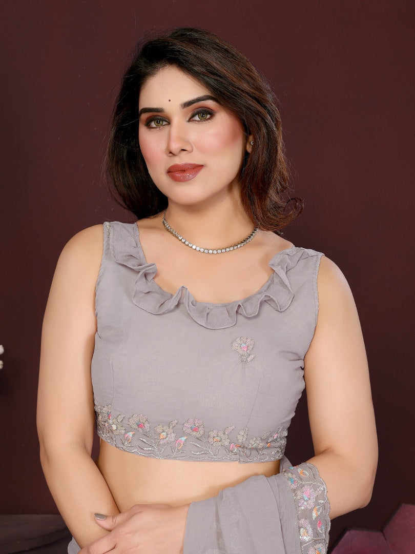 Stylish Grey Georgette Saree with Beautiful Embroidery Work & Matching Embroidered Blouse