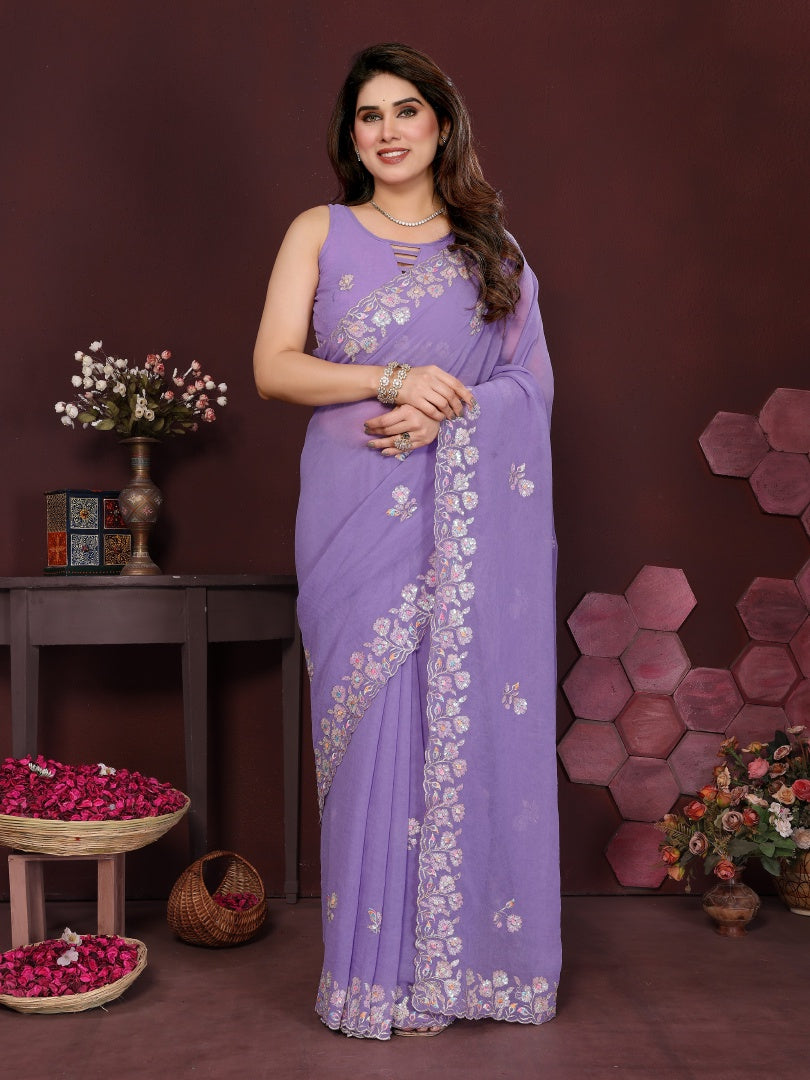 Beautiful Lavender Georgette Embroidery Work Saree with Matching Embroidered Blouse