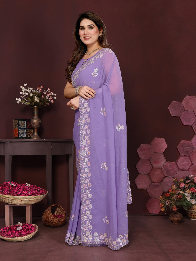 Beautiful Lavender Georgette Embroidery Work Saree with Matching Embroidered Blouse