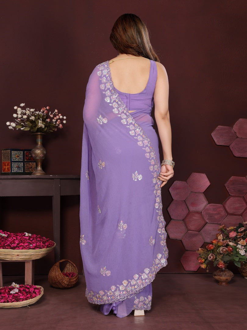Beautiful Lavender Georgette Embroidery Work Saree with Matching Embroidered Blouse